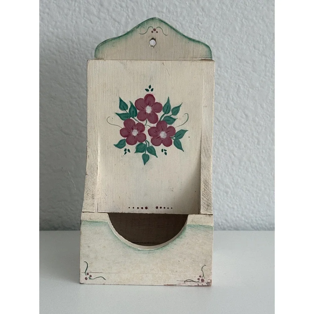 Vintage Wooden Matchbox Holder Hand Painted Floral